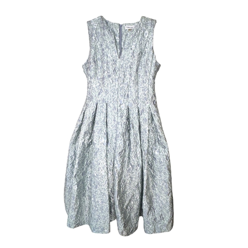 Calvin Klein Blue Green Jacquard Fit Flare Dress Womens 10 Sleeveless Cocktail